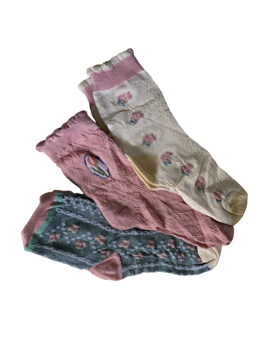 Womens Floral Knit Crew Socks - Pink, Cream & Teal (3-Pack)